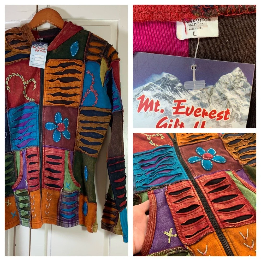 Boho Patchwork Hoodie‎ L Nepal Cotton Embroidered Festival Hippie Cottagecore